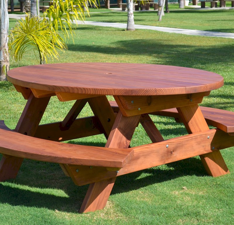 Oval Picnic Table (Options: Oval, Attached Side Benches, California Redwood, Standard Tabletop, Umbrella Hole, Transparent Premium Sealant). Oval Picnic Table (Options: Oval, Attached Side Benches, California Redwood, Standard Tabletop, Umbrella Hole, Transparent Premium Sealant).
