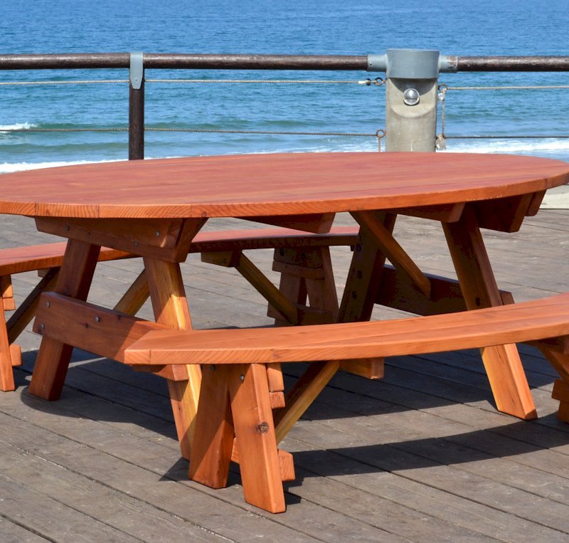 Oval Picnic Table (Options: Oval XL, Unattached Side Benches, California Redwood, Standard Tabletop, No Umbrella Hole, Transparent Premium Sealant). Oval Picnic Table (Options: Oval XL, Unattached Side Benches, California Redwood, Standard Tabletop, No Umbrella Hole, Transparent Premium Sealant).