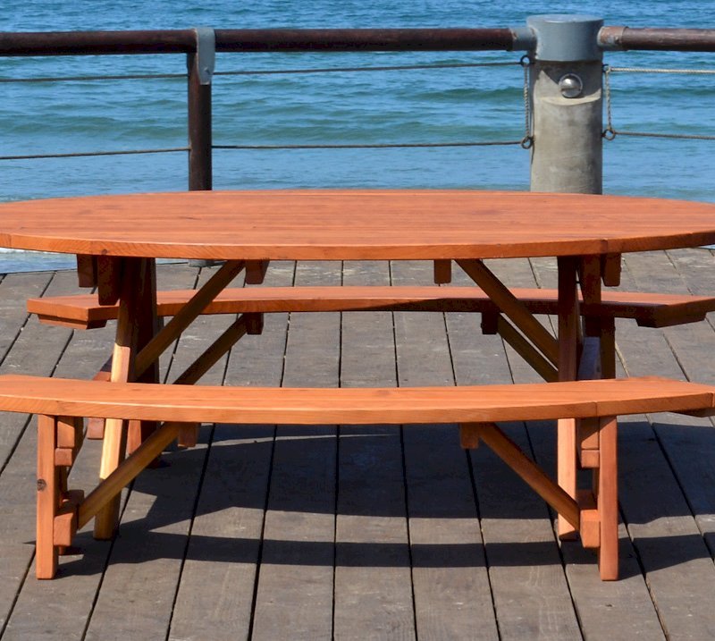 Oval Picnic Table (Options: Oval XL, Unattached Side Benches, California Redwdood, Standard Tabletop, No Umbrella Hole, Transparent Premium Sealant). Oval Picnic Table (Options: Oval XL, Unattached Side Benches, California Redwdood, Standard Tabletop, No Umbrella Hole, Transparent Premium Sealant).