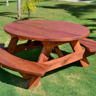 Oval Picnic Table (Options: Oval, Attached Side Benches, California Redwood, Standard Tabletop, Umbrella Hole, Transparent Premium Sealant). 