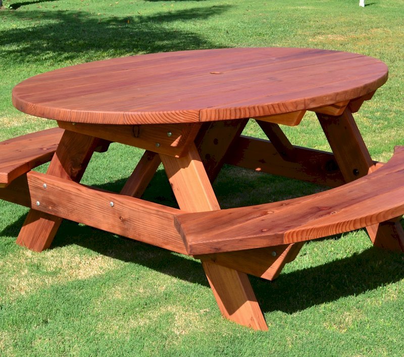 Oval Picnic Table (Options: Oval, Attached Side Benches, California Redwood, Standard Tabletop, Umbrella Hole, Transparent Premium Sealant). Oval Picnic Table (Options: Oval, Attached Side Benches, California Redwood, Standard Tabletop, Umbrella Hole, Transparent Premium Sealant).