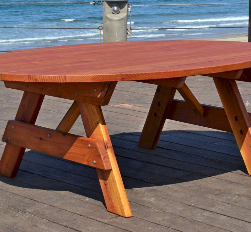 Oval Picnic Table (Options: Oval XL, No Seating, California Redwdood, Standard Tabletop, No Umbrella Hole, Transparent Premium Sealant). Oval Picnic Table (Options: Oval XL, No Seating, California Redwdood, Standard Tabletop, No Umbrella Hole, Transparent Premium Sealant).