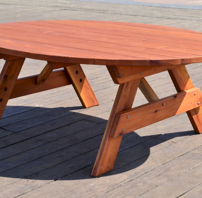 Oval Picnic Table (Options. Oval XL, No Seating, California Redwood, Standard Tabletop, No Umbrella Hole, Transparent Premium Sealant). Oval Picnic Table (Options. Oval XL, No Seating, California Redwood, Standard Tabletop, No Umbrella Hole, Transparent Premium Sealant).