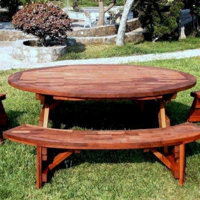 Oval Picnic Table (Options: 88" L, Unattached End and Side Benches, Mature & Old-Growth Redwood, Parquet Tabletop, No Umbrella Hole, Transparent Premium Sealant).