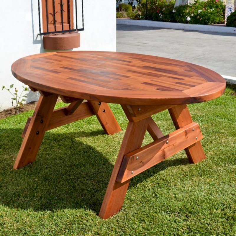 Oval Picnic Table (Options: 71"L, No Seating, Old-Growth Redwood, Parquet Tabletop, No Umbrella Hole, Transparent Premium Sealant). Oval Picnic Table (Options: 71"L, No Seating, Old-Growth Redwood, Parquet Tabletop, No Umbrella Hole, Transparent Premium Sealant).