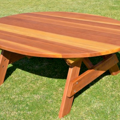 Oval Picnic Table (Options. Oval XL, No Seating, California Redwood, Standard Tabletop, No Umbrella Hole, Transparent Premium Sealant). 