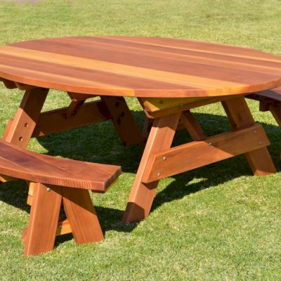 Oval Picnic Table (Options. Oval XL, Unattached Side Benches, California Redwood, Standard Tabletop, No Umbrella Hole, Transparent Premium Sealant). 