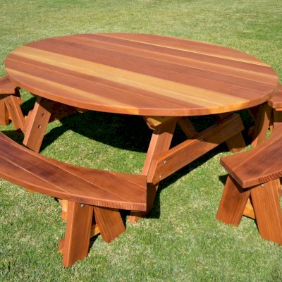 Oval Picnic Table (Options. Oval XL, Unattached Side & End Benches, California Redwood, Standard Tabletop, No Umbrella Hole, Transparent Premium Sealant). 