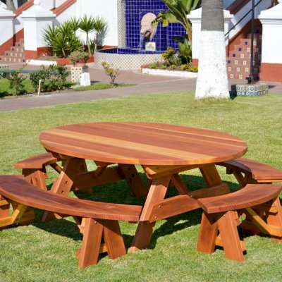 Oval Picnic Table (Options. Oval XL, Unattached Side & End Benches, California Redwood, Standard Tabletop, No Umbrella Hole, Transparent Premium Sealant). 