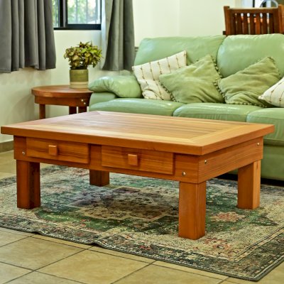 Oversized Coffee Table (Options: 48"L x 36" W, California Redwood, 4 Drawers, Seamless Tabletop, Transparent Premium Sealant). Photo Also Shows a Round Side Table.