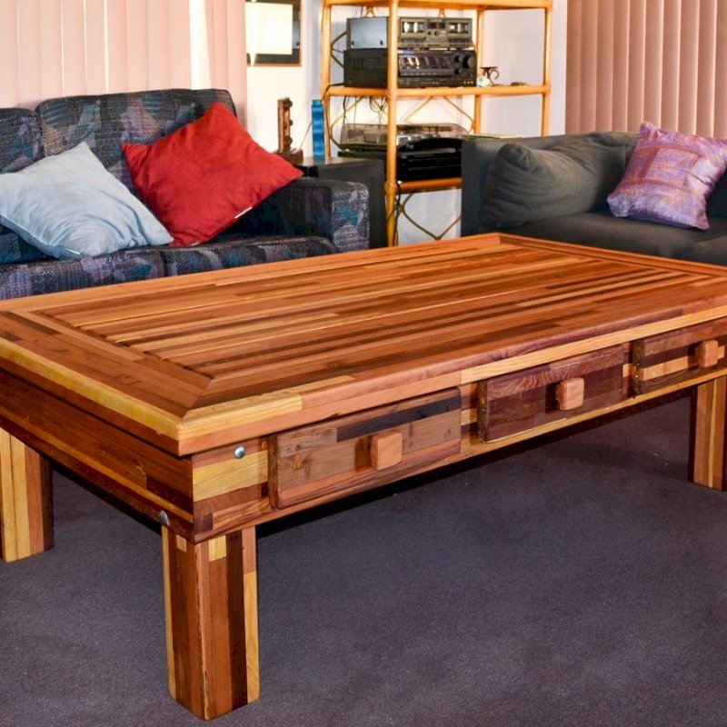 Massive Coffee Table (Options: 60"L x 30" W x 18" H, Mosaic Eco-Wood, 6 Drawers, Standard Tabletop, Transparent Premium Sealant). Massive Coffee Table (Options: 60"L x 30" W x 18" H, Mosaic Eco-Wood, 6 Drawers, Standard Tabletop, Transparent Premium Sealant).