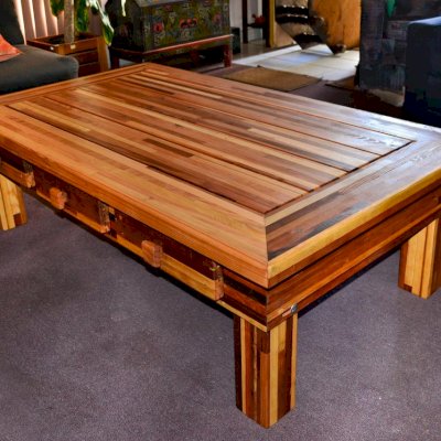 Oversized Coffee Table (Options: 60"L x 30" W x 18" H, Mosaic Redwood, 6 Drawers, Standard Tabletop, Transparent Premium Sealant).