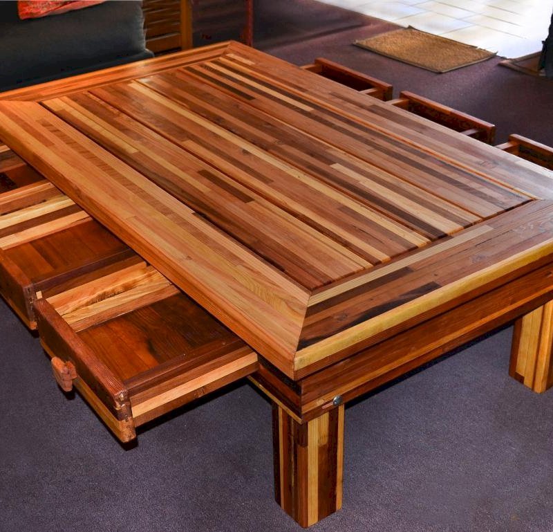 Massive Coffee Table (Options: 60"L x 30" W x 18" H, Mosaic Eco-Wood, 6 Drawers, Standard Tabletop, Transparent Premium Sealant). Massive Coffee Table (Options: 60"L x 30" W x 18" H, Mosaic Eco-Wood, 6 Drawers, Standard Tabletop, Transparent Premium Sealant).