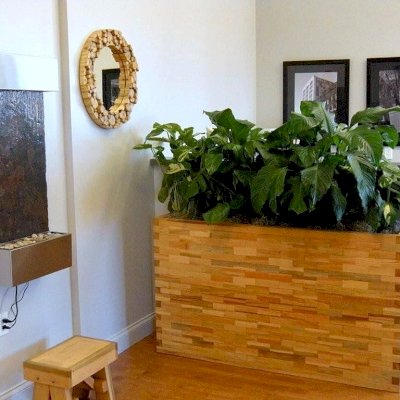 Parquet Planters (Options: 60in L x 18in W x 18in H, Douglas-Fir, Parquet Corners, No Base or Casters, No Trellis, Interior and Exterior of Box with Sealant (No Growing Vegetables), Transparent Premium Sealant). Foot Stool (17in L x 11in W x 13in H also Douglas-Fir). Photo Courtesy of Mr. Angel Nieves of Cowlicks Japan, 137 West 1