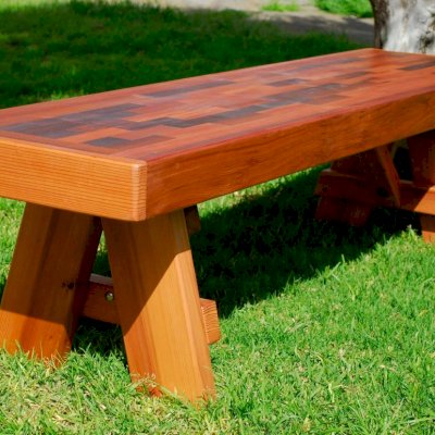 Parquet Wooden Bench (Options: 6 ft L x 17 3/4 inches W x 18 1/2 inches H,  Mature Redwood, No Cushion, No Engraving, Transparent Premium Sealant).