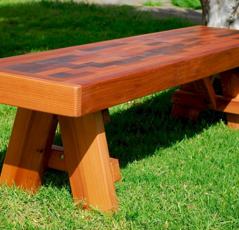 Parquet Bench (Options: 6 ft L x 17 3/4 inches W x 18 1/2 inches H, Mature Redwood, No Cushion, No Engraving, Transparent Premium Sealant). Parquet Bench (Options: 6 ft L x 17 3/4 inches W x 18 1/2 inches H, Mature Redwood, No Cushion, No Engraving, Transparent Premium Sealant).