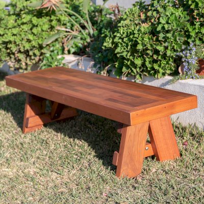 Parquet Wooden Bench (Options: 5 ft L x 17 3/4 inches W x 17 inches H, Mature Redwood, No Cushion, No Engraving, Transparent Premium Sealant).