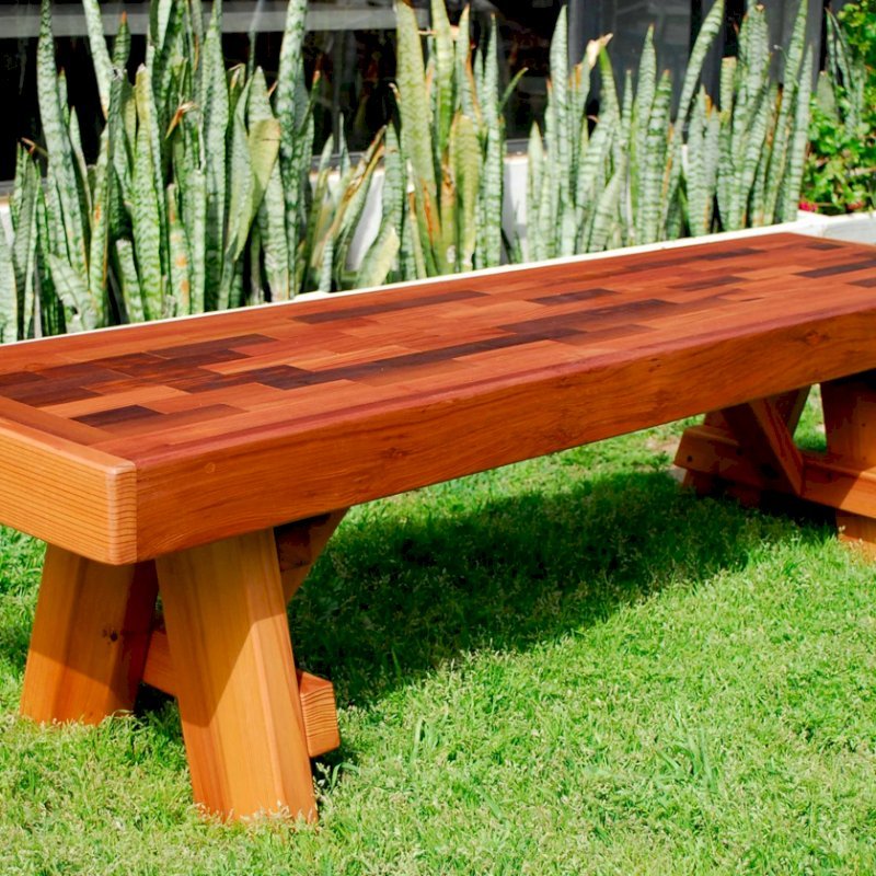 Parquet Bench (Options: 6 ft L x 17 3/4 inches W x 18 1/2 inches H, Mature Redwood, No Cushion, No Engraving, Transparent Premium Sealant). Parquet Bench (Options: 6 ft L x 17 3/4 inches W x 18 1/2 inches H, Mature Redwood, No Cushion, No Engraving, Transparent Premium Sealant).