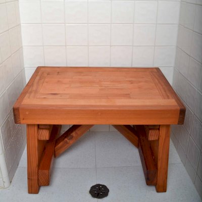 Parquet Wooden Shower Bench (Options: 2 ft, Redwood, 15 1/2" H, 16"W, No Engraving, Transparent Premium Sealant).