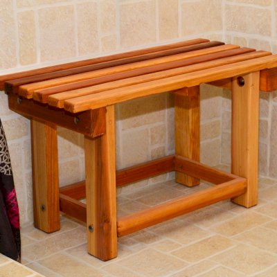 Paty's Wooden Shower Bench (Options: 2 1/2 ft, Redwood, 17" H, 14 1/4" W, No Engraving, Transparent Premium Sealant).