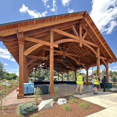 Cardinal's Nest Pavilion (Options: Mature Redwood). Pavilion Installed in Faith Walk Community Fitness Park in Coeur d'Alene, Idaho.