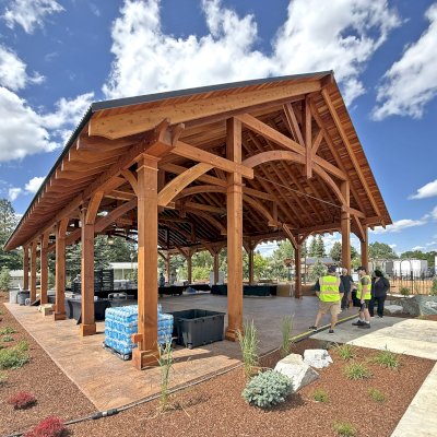 Cardinal's Nest Pavilion (Options: Mature Redwood). Pavilion Installed in Faith Walk Community Fitness Park in Coeur d'Alene, Idaho.