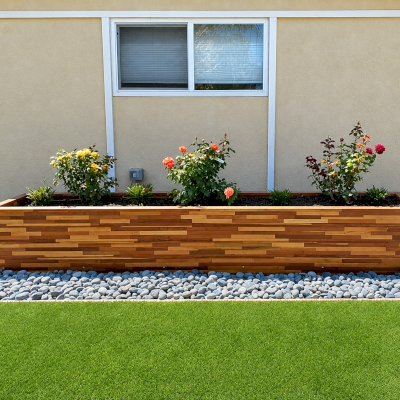 Mendocino Planters (Options: 144'' L, 24'' W x 24'' H, Mosaic Redwood, 1 3/4-inch Feet, No Casters, No Trellis, Interior and Exterior of Box with Sealant (No Growing Vegetables), Transparent Premium Sealant). Photo Courtesy of B. Bond of Newark, California.
