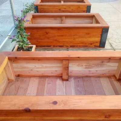 Custom Mendocino Planters (Options: 6' L x 3' W x 20'' H, California Redwood, with 5 x 5 Custom Corten Steel Angles, Interior of Box Without Sealant (Growing Vegetables), Transparent Premium Sealant). Photo Courtesy of J. Verzano of San Francisco, CA.
