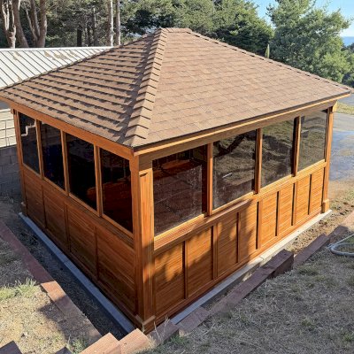 Sun Gazebo with Sliding Doors (Options: 16' L x 14' W, Mosaic Douglas, 8 ft Wall Height, No Skylight, with 2 Sliding Walls, 2 Custom Windows, Complete Floor, No Roofing, Transparent Premium Sealant). Photo Courtesy of K. Biederman of Whitehorn, CA.
