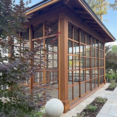 Sun Gazebo with Sliding Doors (Options: 18' L x 12' W, California Redwood, 9 ft Wall Height, Without Skylight, with 1 Sliding Wall and 3 Fixed Screen Panels Walls, Without Floor, Transparent Premium Sealant). Photo Courtesy of J. Mainor of Sandy Springs, GA.