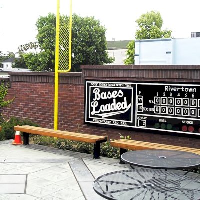 VA Wooden Bench (Options: 6 ft and 8 ft, Redwood, Bolt Down Legs, No Cushion, No Engraving, Transparent Premium Sealant). Photo also shows a Large Engraved Sign.