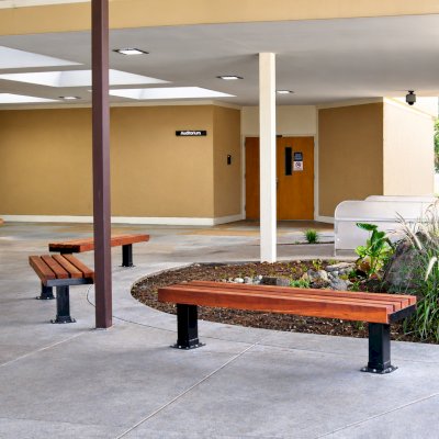 VA Wooden Bench (Options: 6 ft, Mature Redwood, Bold Down Legs, No Cushion, No Engraving, Transparent Premium Sealant). Photo Courtesy of the Fresno Veteran's Administration Hospital in Fresno, CA.