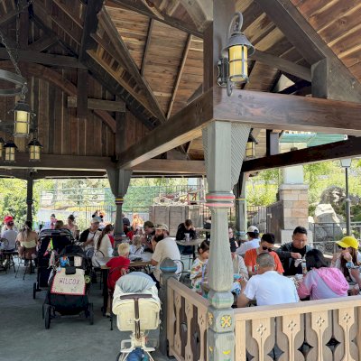 Custom Wood Pavilion (Options: 32' x 27', California Redwood, Custom Finish). Edelweiss Lodge Pavilion installed in Disneyland Resort in Anaheim, CA.