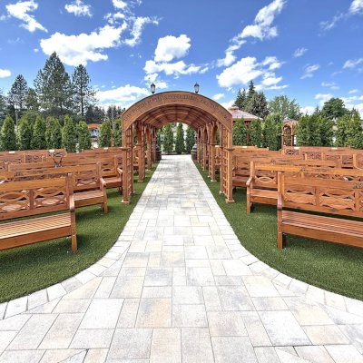 Hennell Wooden Garden Benches (Options: 8' L, Mature Redwood, Custom Engraving, Transparent Premium Sealant). Photo Also Shows a 22' x 8' Victorian Trellis.