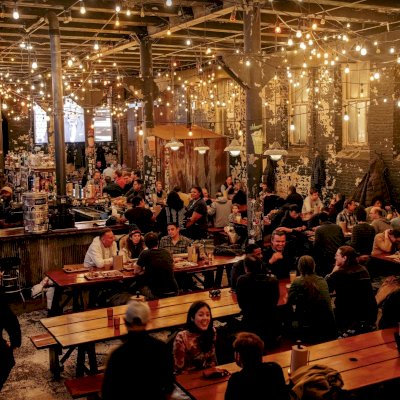 Heritage Large Wooden Picnic Tables at ''Green Street Smoked Meats'' Restaurant, 112 N Green St, Chicago, IL 60607 (Options: Several Sizes, 34 1/2'' W, Unattached Side Benches, Transparent Premium Sealant). Photo Courtesy of Jennifer Whang of Chicago, Illinois.