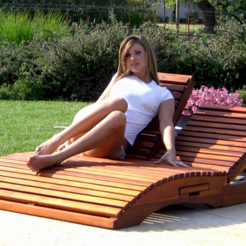 Penny Wooden Sun Lounger (Options: Double, Mature Redwood, Snack Trays on Right Side, 13" H, Wheels, No Cushion,Transparent Premium Sealant). Model: Ms. Hayley Hall of Sonoma County, CA. Penny Wooden Sun Lounger (Options: Double, Mature Redwood, Snack Trays on Right Side, 13" H, Wheels, No Cushion,Transparent Premium Sealant). Model: Ms. Hayley Hall of Sonoma County, CA.