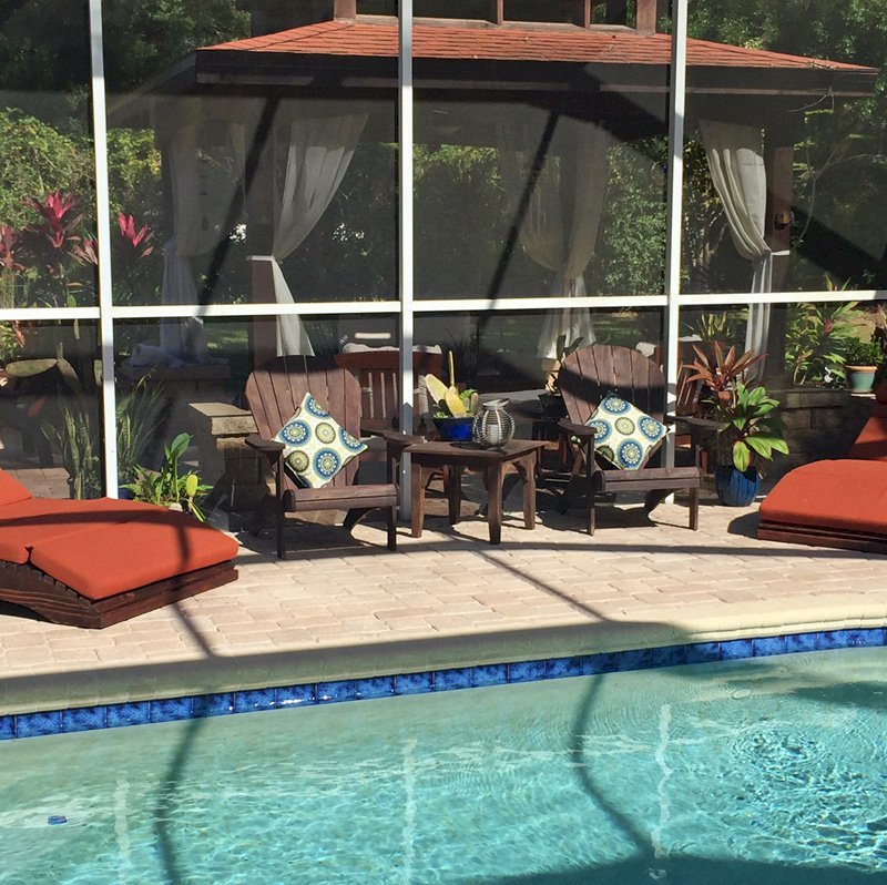 Penny Wooden Sun Lounger (Options: Honeymoon, Standard 72", Redwood, No Snack Trays, 13" H, No Wheels, 3" thick Cushion, 5 Section Cushion, Coffee-Stain Premium Sealant). Photo Courtesy of Mark and Dorit Stone of Odessa, Florida. Penny Wooden Sun Lounger (Options: Honeymoon, Standard 72", Redwood, No Snack Trays, 13" H, No Wheels, 3" thick Cushion, 5 Section Cushion, Coffee-Stain Premium Sealant). Photo Courtesy of Mark and Dorit Stone of Odessa, Florida.