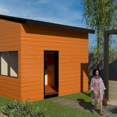 Penny's Guest House (Rendering Shows: 15' x 8' Footprint, Sugar Pine Ceiling, Douglas-fir Interior Siding & Floor, California Redwood Exterior Siding).