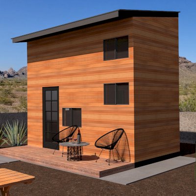 Penny's Tiny House (Rendering Shows: 7' x17' Footprint, with a 8'-6" x 7' Loft [sleeping area], Sugar Pine Ceiling, Douglas-fir Interior Siding & Floor, California Redwood Exterior Siding).