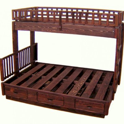 Punta Banda Bunk Beds (Twin over Queen, Douglas-Fir,1 Ladder South Side, 1 Headboard North Side, Standard Style, 1 Set of Drawers, 10" Safety Rails, Coffee Stain)