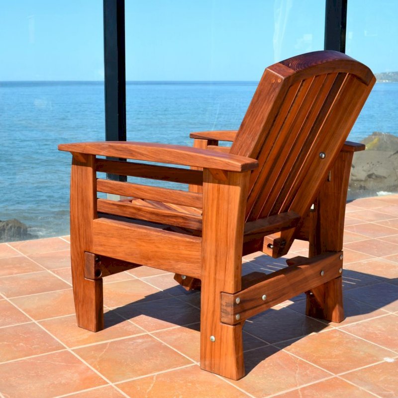Reclining Redwood Easy Chair (Options: Mature Redwood, No Cushion, Transparent Premium Sealant). Photo shows upright position. Reclining Redwood Easy Chair (Options: Mature Redwood, No Cushion, Transparent Premium Sealant). Photo shows upright position.