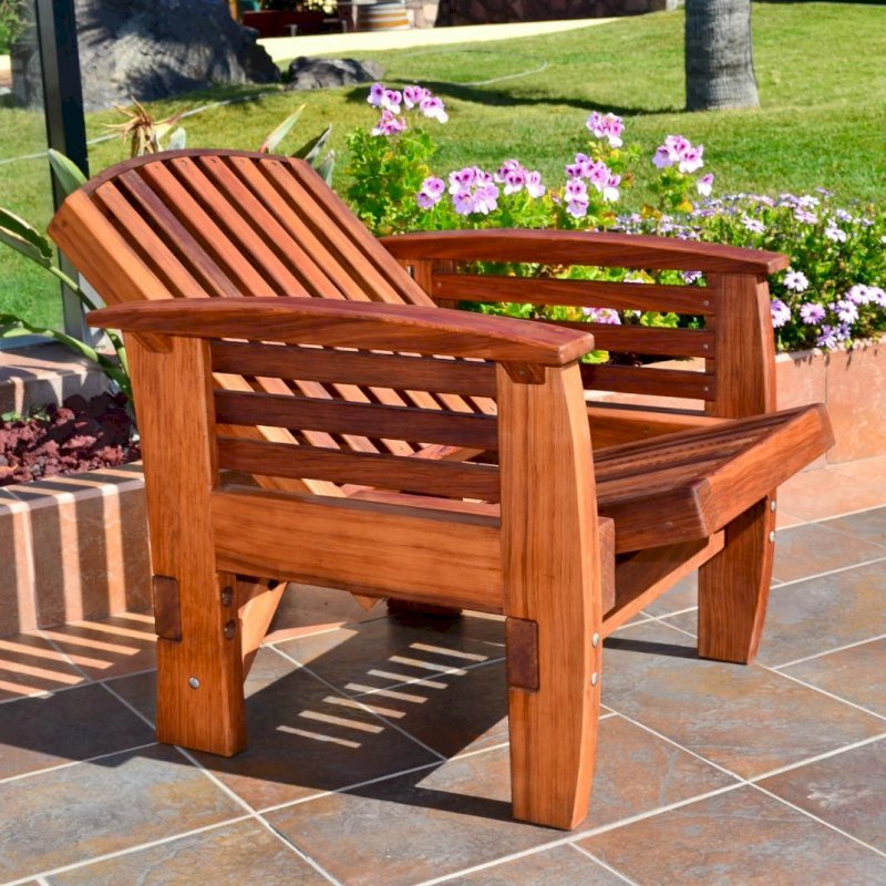 Reclining Redwood Easy Chair (Options: Mature Redwood, No Cushion, Transparent Premium Sealant). Photo shows fully reclined position. Reclining Redwood Easy Chair (Options: Mature Redwood, No Cushion, Transparent Premium Sealant). Photo shows fully reclined position.