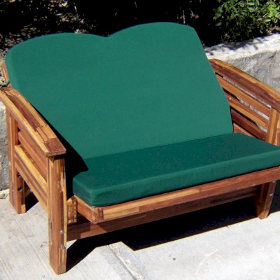 Reclining Redwood Loveseat (Options: Mosaic Redwood, Forest Green Cushion, Transparent Premium Sealant). Fully Reclined Position. 
