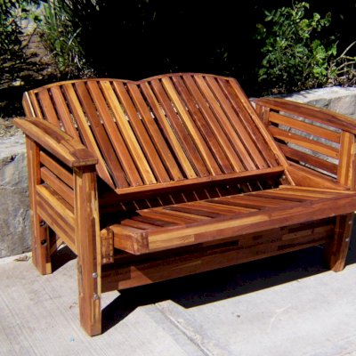 Reclining Redwood Loveseat (Options: Mosaic Redwood, No Cushion, Transparent Premium Sealant). Reclining Position.