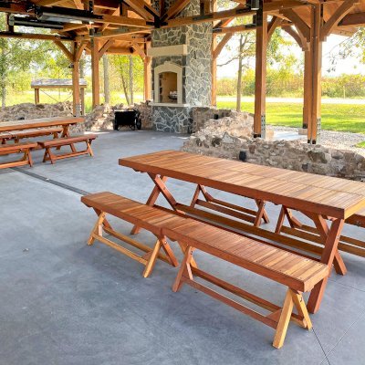 Rectangular Folding Picnic Tables (Options: 96" L, 30" W, Folding Side Benches, California Redwood, 2 Half Length Benches/Side, Standard Tabletop, Boards Laid in the Same Direction, No Umbrella Hole, Transparent Premium Sealant). Photo Courtesy of M. Ariens of Brillion, Wisconsin.