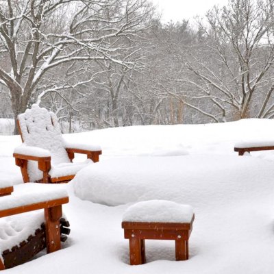 Set of 4 Redwood Adirondack Chair and Square Side Table enjoying another snowy winter. (Options: Standard Size, Mature Redwood, Transparent Premium Sealant). Photo Courtesy of Mary Louise and Gerry Neugent of Des Moines, Iowa.