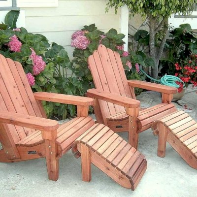 Redwood Adirondack Chair and Ottomans (Options: Standard Size, Mature Redwood, No Cushion, Transparent Premium Sealant).  