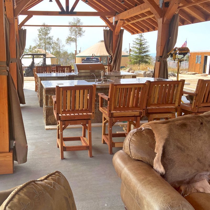 Redwood Cocktail Bar Stools (Options: California Redwood, Standard Backrest, With Arms, Swivel Seat, 29" H, No Cushion, Transparent Premium Sealant). Furniture was made as part of Toledo Pavilion project. Photo Courtesy of R. Barry of Hayden, Colorado. Redwood Cocktail Bar Stools (Options: California Redwood, Standard Backrest, With Arms, Swivel Seat, 29" H, No Cushion, Transparent Premium Sealant). Furniture was made as part of Toledo Pavilion project. Photo Courtesy of R. Barry of Hayden, Colorado.