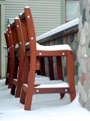 Yes, they are fine outdoors in any weather: Redwood Cocktail Bar Stool (Options: Old-Growth Redwood, No Arms, No Swivel, 29" H, No Cushion, Transparent Premium Sealant.