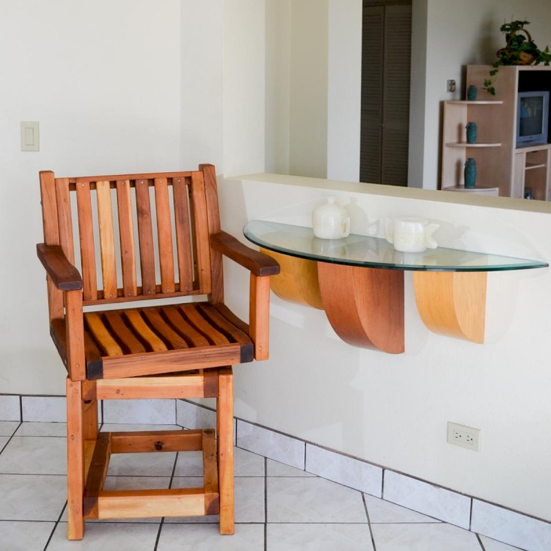 Redwood Cocktail Bar Stool (Options: Redwood, Arms, Swivel Seat, 23" H, No Cushion, Transparent Premium Sealant). Redwood Cocktail Bar Stool (Options: Redwood, Arms, Swivel Seat, 23" H, No Cushion, Transparent Premium Sealant).